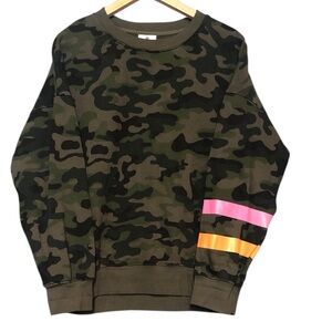 Sundry Camouflage Crewneck Sweatshirt Medium with Neon Pink and Orange Stripes